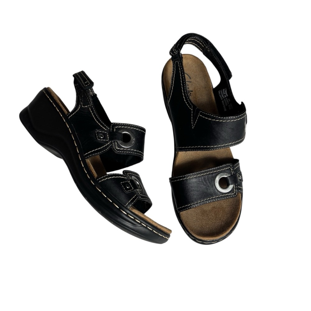 Clarks black with silver wedge Mary Jane ankle strap sandals 26065688 9M